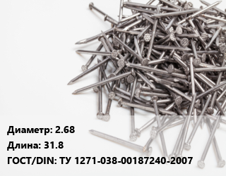 Гвоздь 2.68х31.8 ГОСТ: ТУ 1271-038-00187240-2007, по запросу, кг цена от 61.5 ₼ / кг, где купить, условия доставки в Баку и Бакинская области